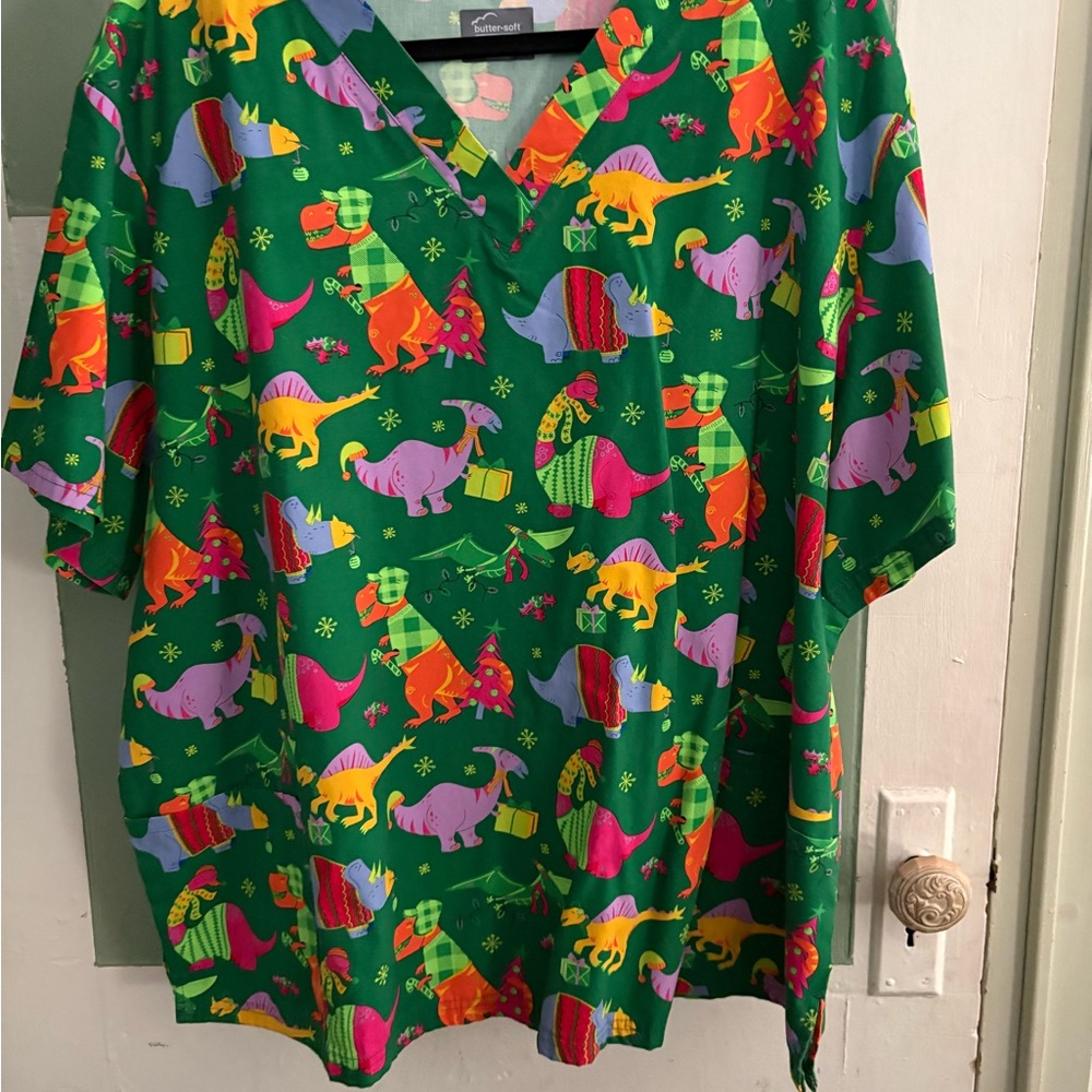 ButterSoft Colorful Dinosaur Christmas Print Scrub Top 4X